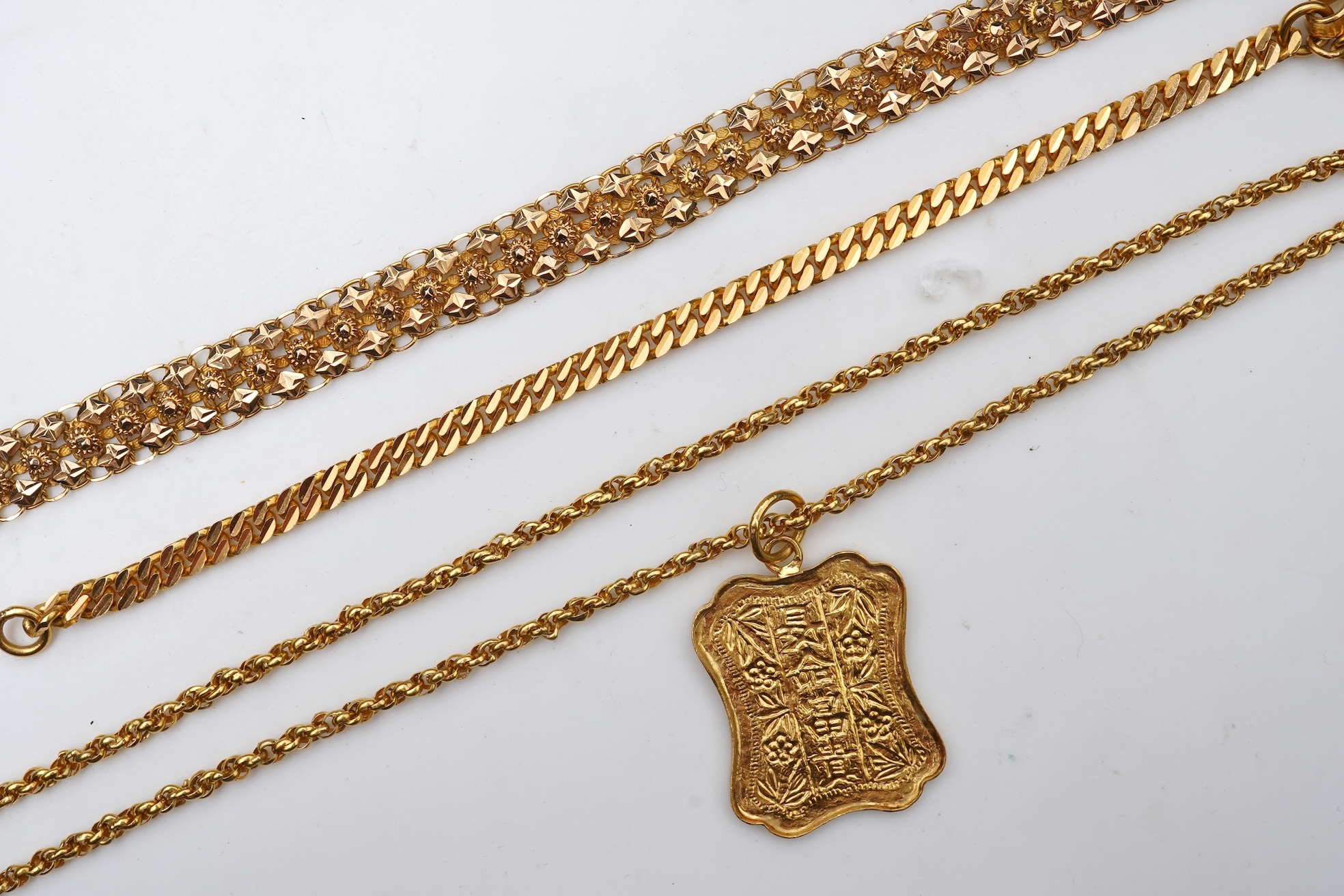 A Chinese pendant necklace and two gold bracelets